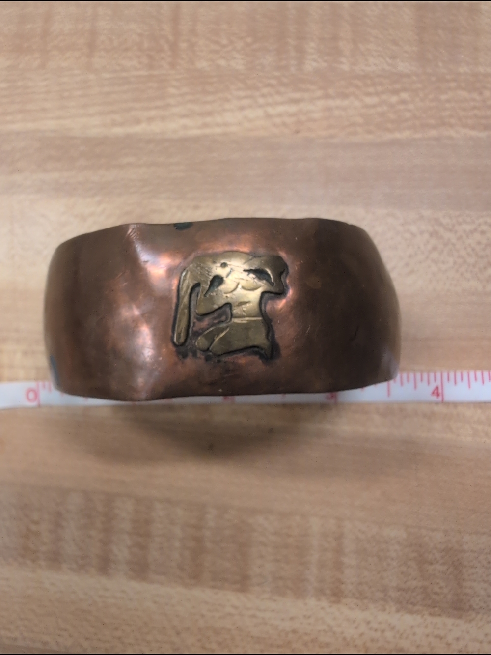 Vintage Mexican Beaten Copper Cuff Bracelet with Brass Inlay